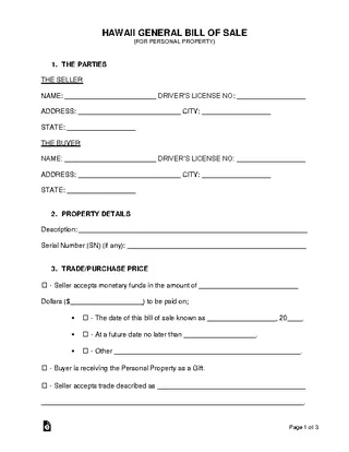 Hawaii General Personal Property Bill Of Sale