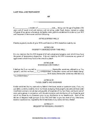 Hawaii Last Will And Testament Form