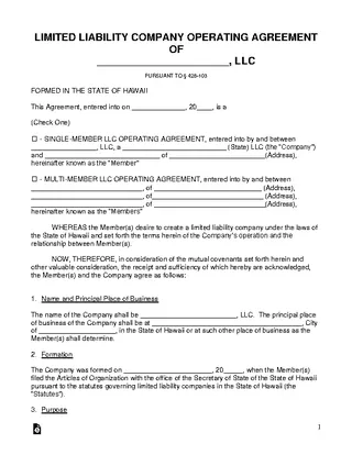 Hawaii Llc Operating Agreement Template