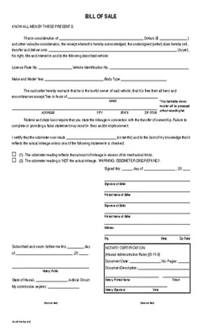 Hawaii Motor Vehicl Bill Of Sale Cslmvr40