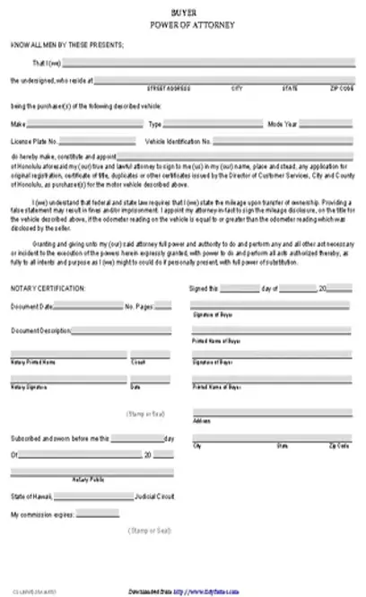 Hawaii Motor Vehicle Power Of Attorney Buyer Form