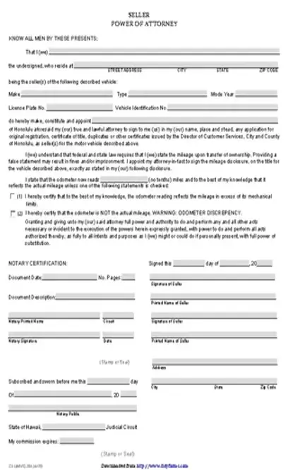 Hawaii Motor Vehicle Power Of Attorney Seller Form