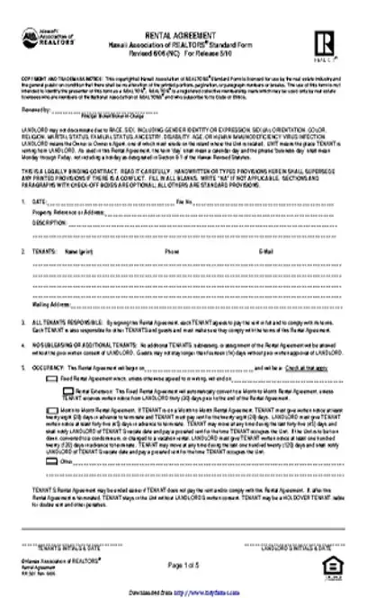 Hawaii Residential Lease Agreement Form