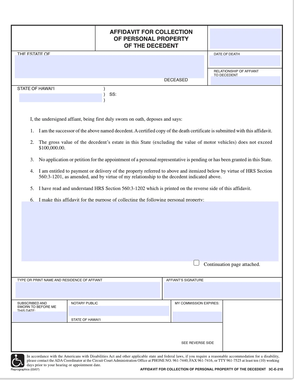 Hawaii Small Estate Affidavit Form Affidavit For Collection Of Personal Property Of The Decedent