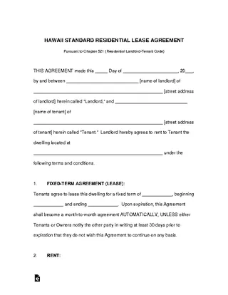 Hawaii Standard Residential Lease Agreement