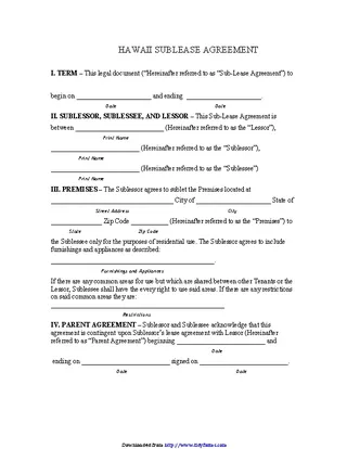 Hawaii Sublease Agreement Form