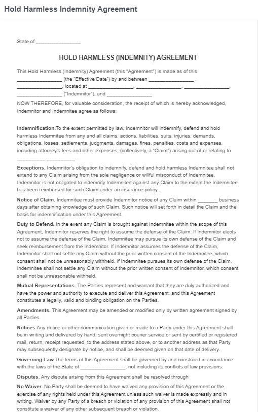 Hold Harmless Indemnity Agreement