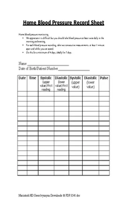 Home Blood Pressure Record Sheet