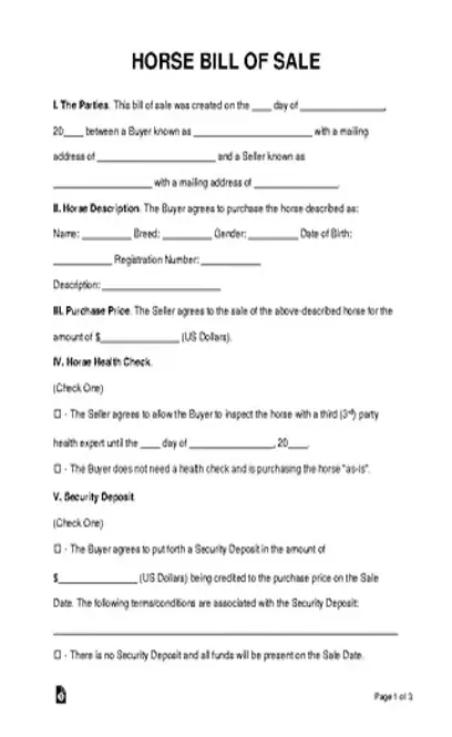 Horse Bill Of Sale Form