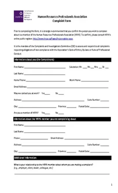 Human Resources Professionals Association Complaint Form Sample