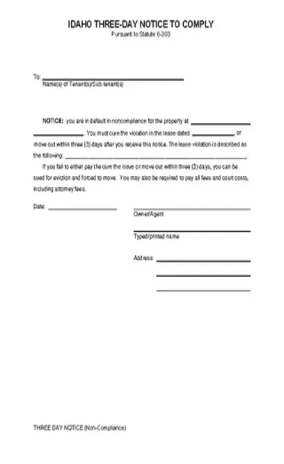 Idaho 3 Day Notice To Quit Noncompliance Form