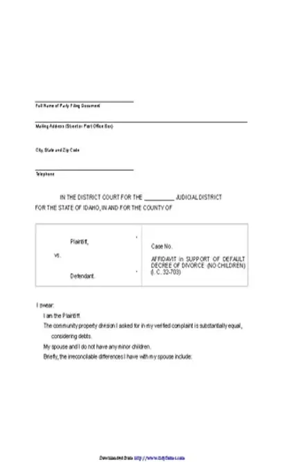 Idaho Affidavit In Support Of Default Decree Of Divorce No Children Form