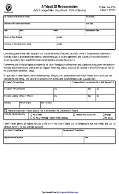 Idaho Affidavit Of Repossession Form