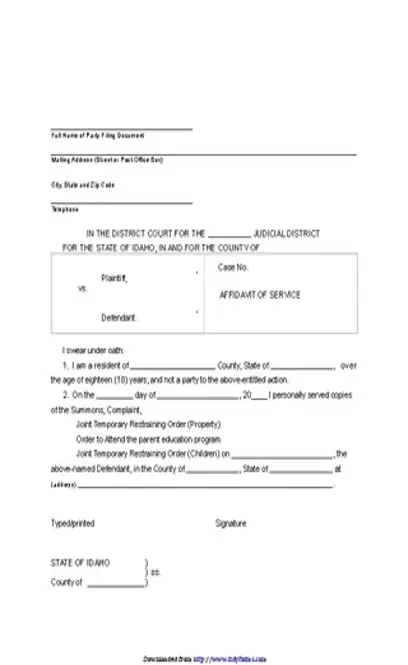 Idaho Affidavit Of Service With Orders Form