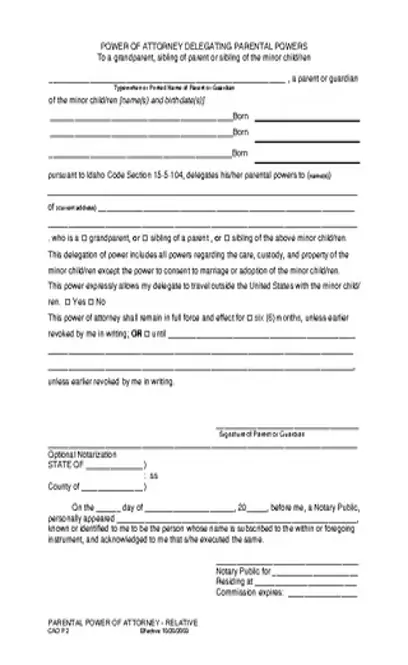 Idaho Minor Child Power Of Attorney Form