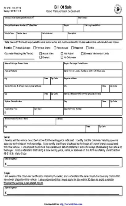 Idaho Motor Vehicle Bill Of Sale Form