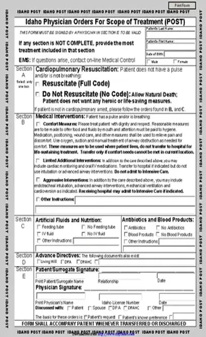 Idaho Physician Orders For Scope Of Treatment Post Form