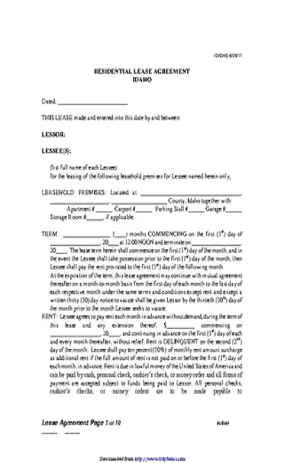 Idaho Residential Lease Agreement Form