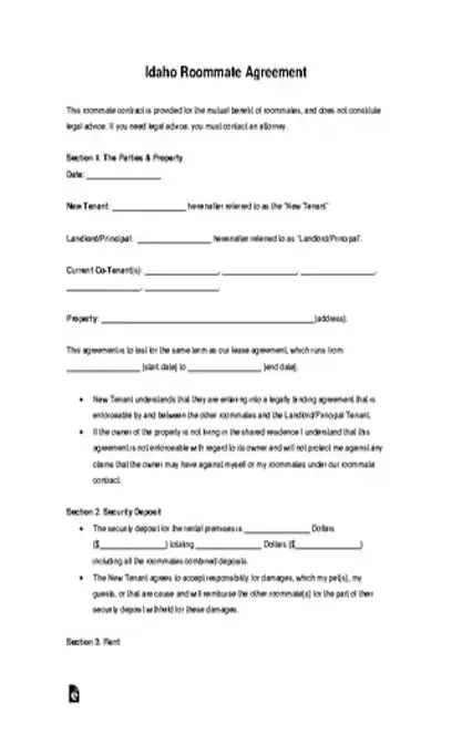 Idaho Roommate Agreement Template