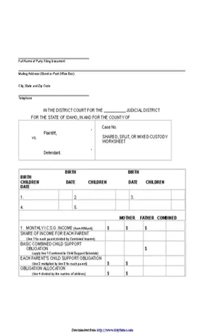 Idaho Shared Or Split Custody Cs Worksheet