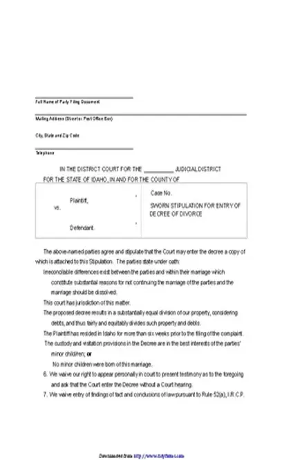 Idaho Sworn Stipulation For Entry Of Divorce Decree Form