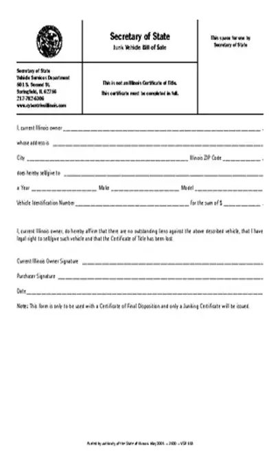 Illinois Junk Vehicle Bill Of Sale Form Vsd658