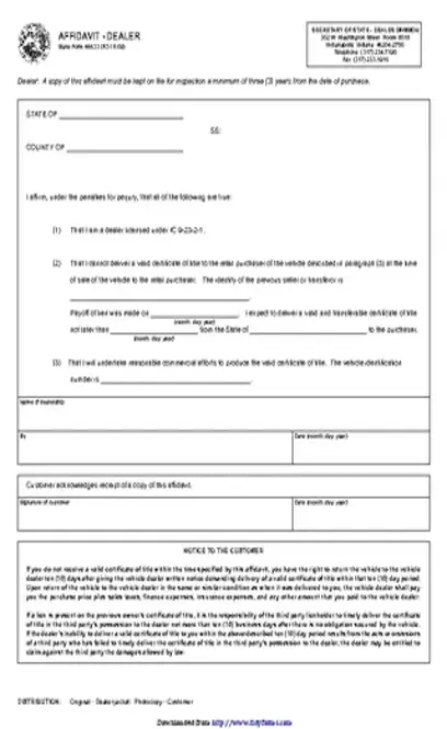 Indiana Affidavit Form Dealer