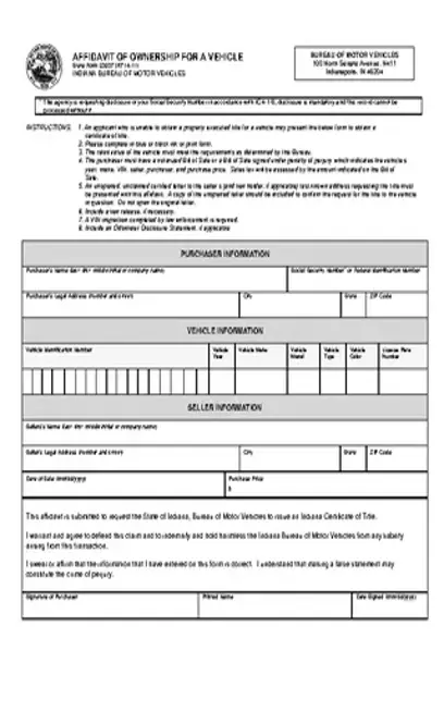 Indiana Affidavit Of Ownership For A Vehicle