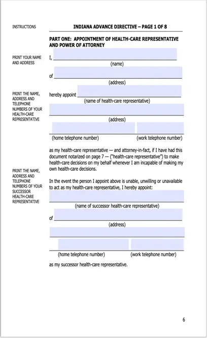 Indiana Durable Power Of Attorney For Health Care And Appointment Of Health Care Representative