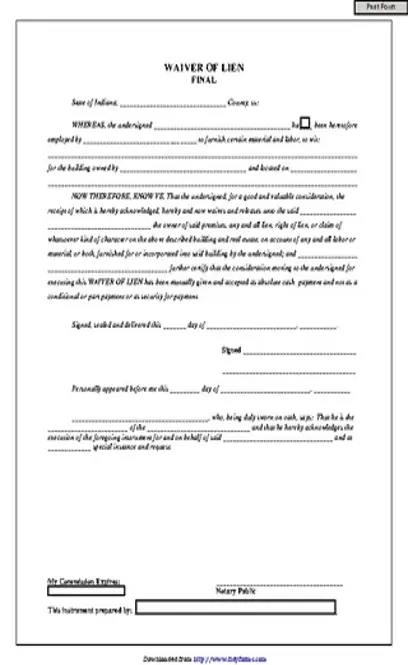 Indiana Final Waiver Of Lien