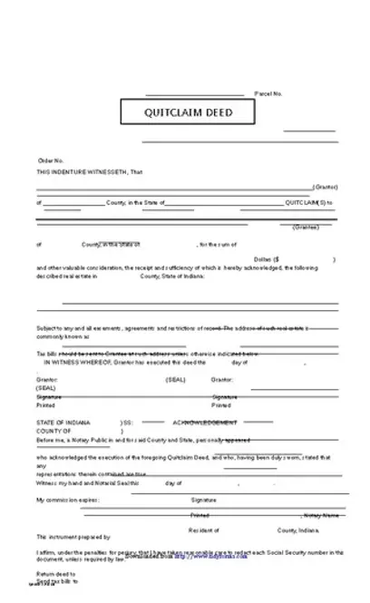 Indiana Quitclaim Deed Form 2