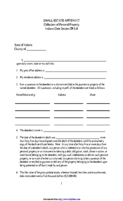 Indiana Small Estate Affidavit Form