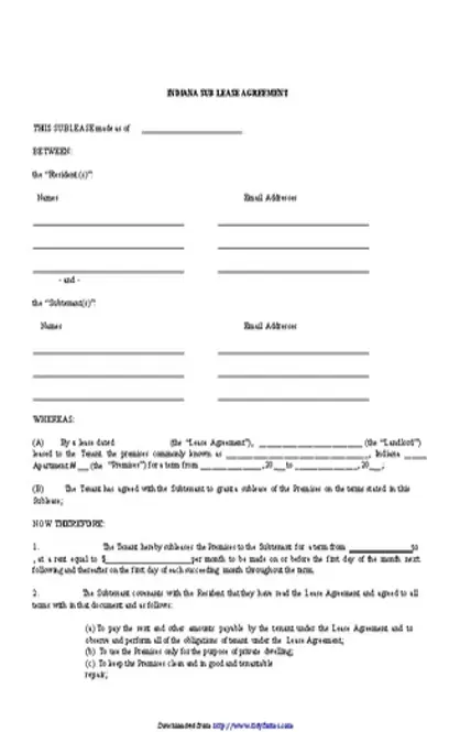 Indiana Sublease Agreement Form