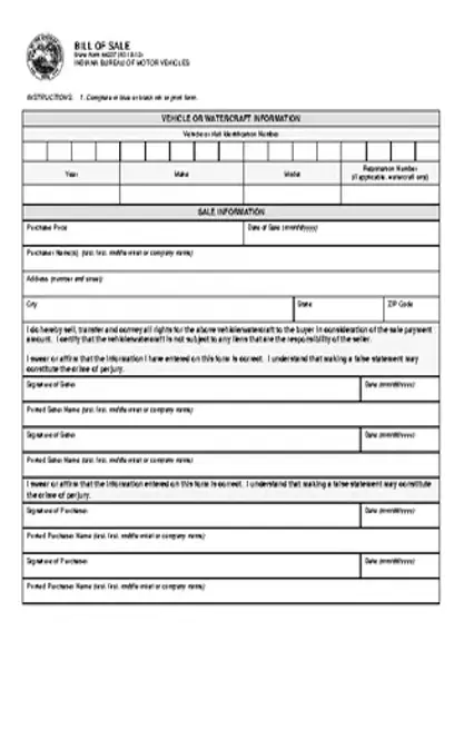 Indiana Vehicle Bill Of Sale Form