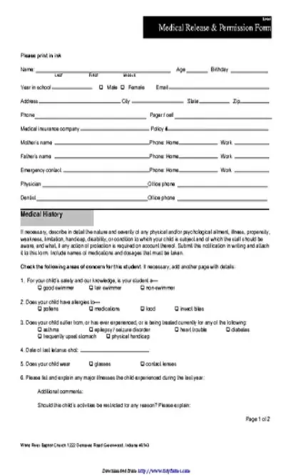 Indiana Youth Medical Release Form