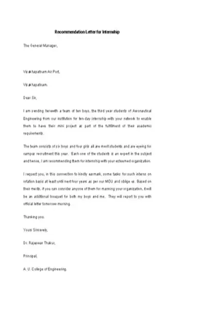 Internship Recommendation Letter Template