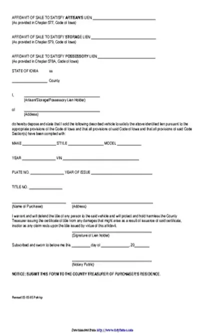 Iowa Affidavit For Artisan Storage And Possessory Lein Form