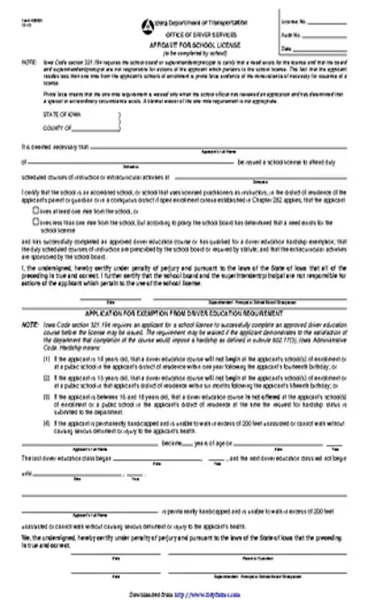 Iowa Affidavit For School License Form