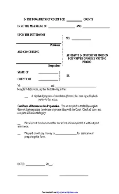 Iowa Affidavit In Support Of Motion Of Waiver Of 90 Day Period Form