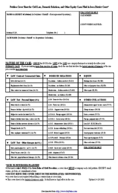 Iowa Civil Petition Cover Sheet