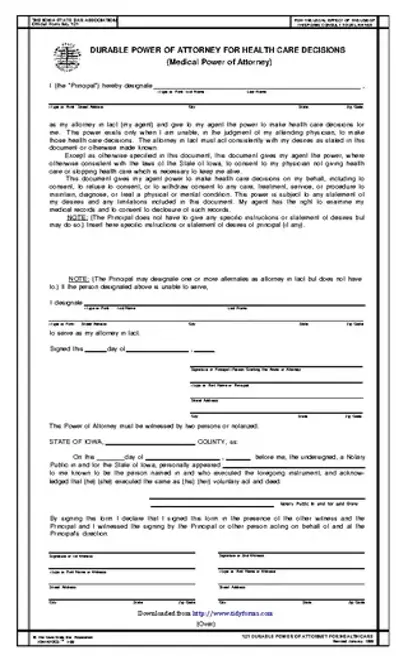 Iowa Durable Health Care Power Of Attorney Form