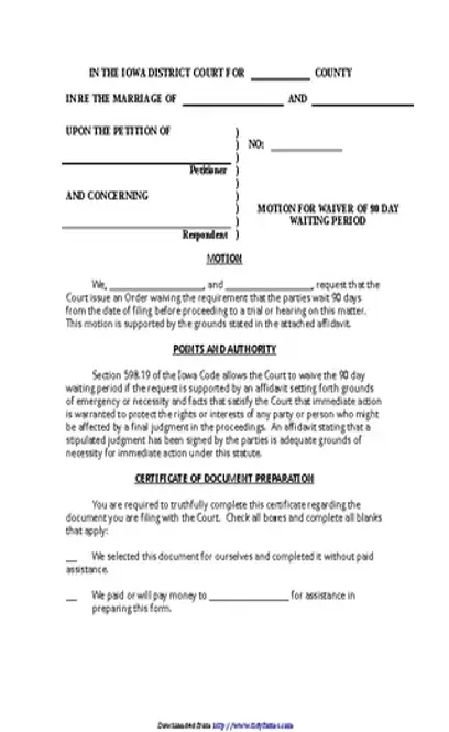 Iowa Motion Of Waiver Of 90 Day Waiting Period Form