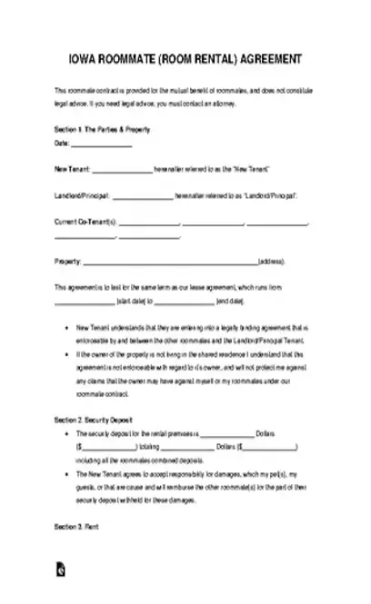 Iowa Room Rental Agreement Template