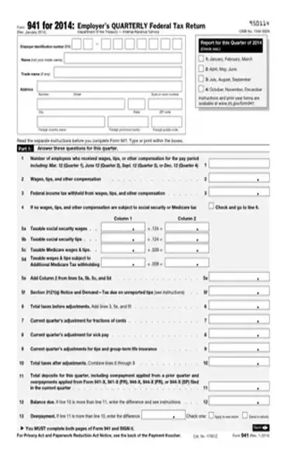 IRS 941 For 2014 PDF