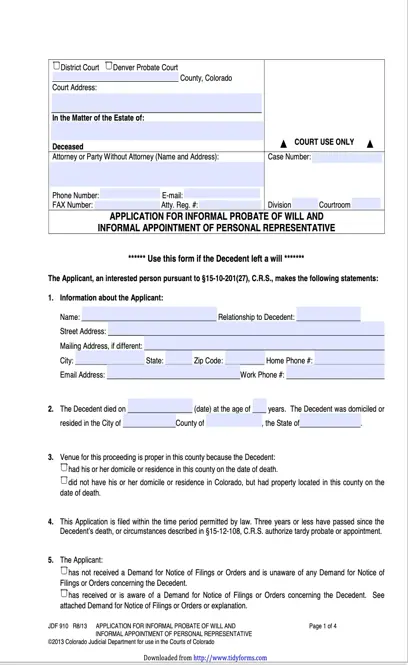 Jdf 910 Application For Informal Probate Of Will And Informal Appointment Of Personal Representative