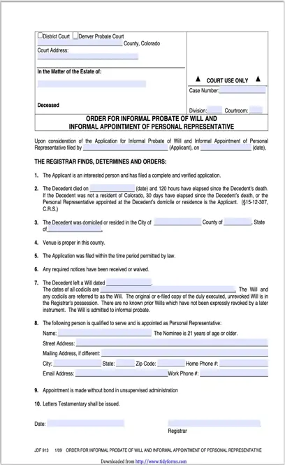 Jdf 913 Order For Informal Probate Of Will And Informal Appointment Of Personal Representative