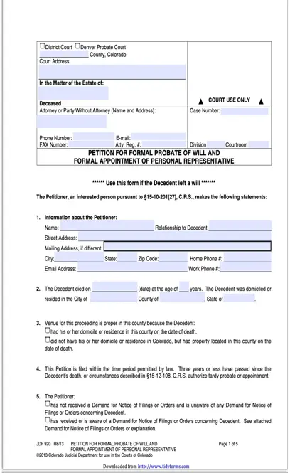 Jdf 920 Petition For Formal Probate Of Will And Formal Appointment Of Personal Representative