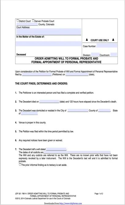 Jdf 921 Order Admitting Will To Formal Probate And Formal Appointment Of Personal Representative