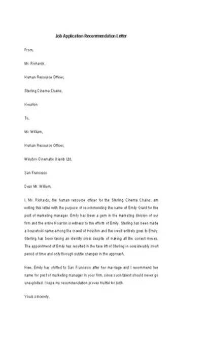 Job Application Recommendation Letter Template