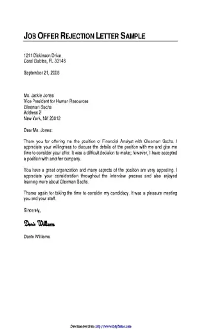 Job Offer Rejection Letter Sample